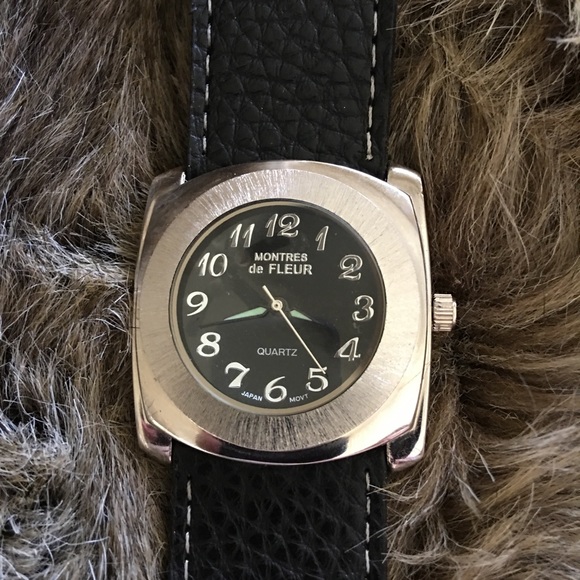 Vintage Montres de Fleur wide black leather watch - Picture 1 of 8